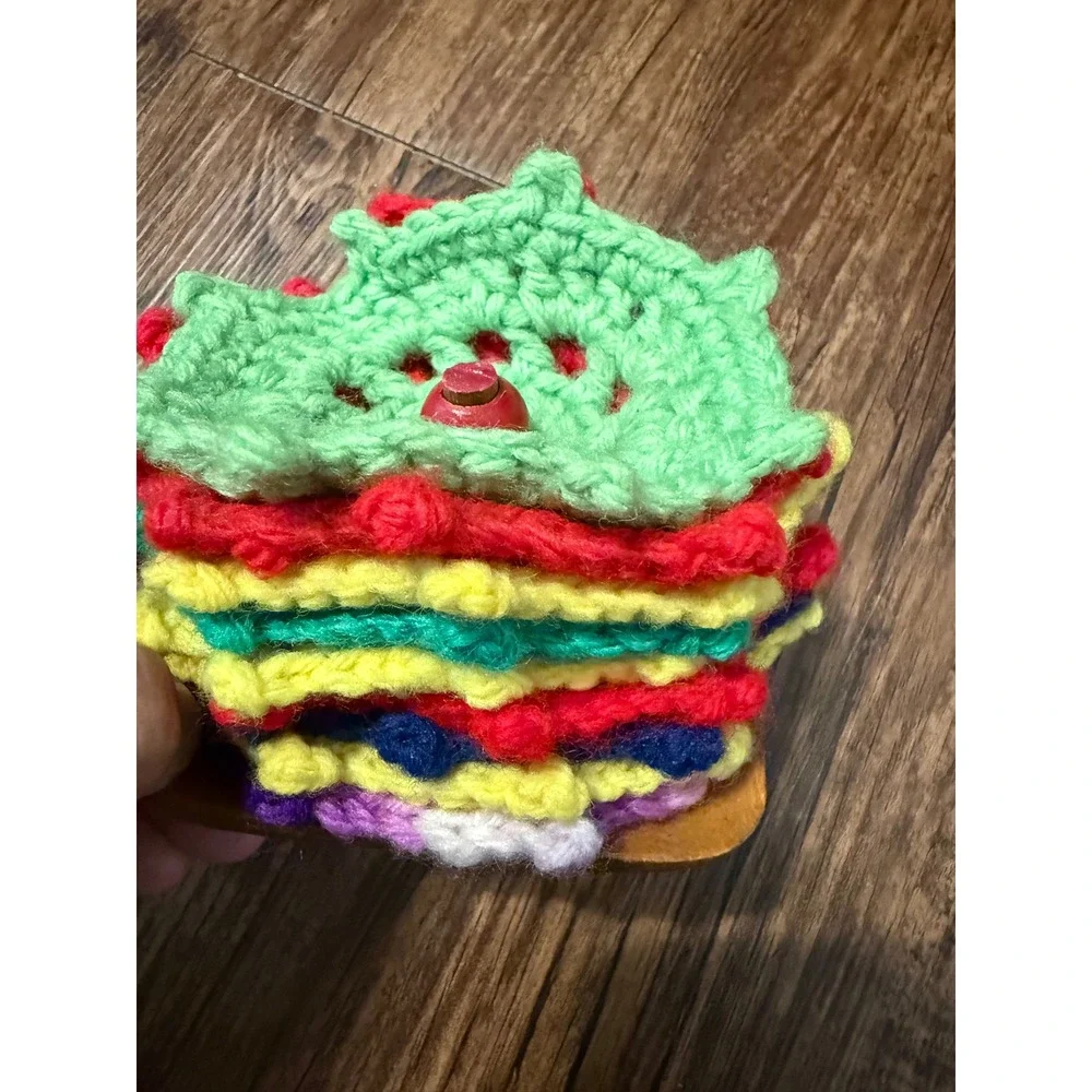Vintage Handmade Crochet Coaster Set 9 pc Rainbow Star with Wooden Spindle Base
